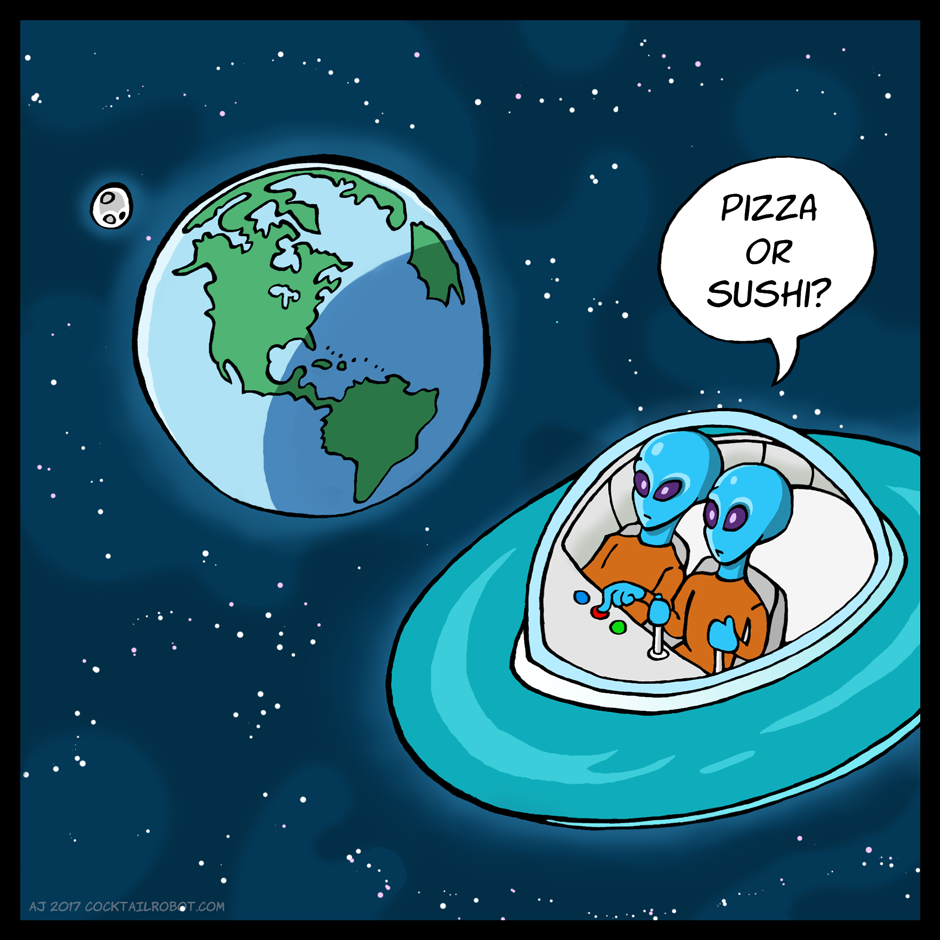 Comic of two aliens in a flying saucer deciding what takeout to get from earth.