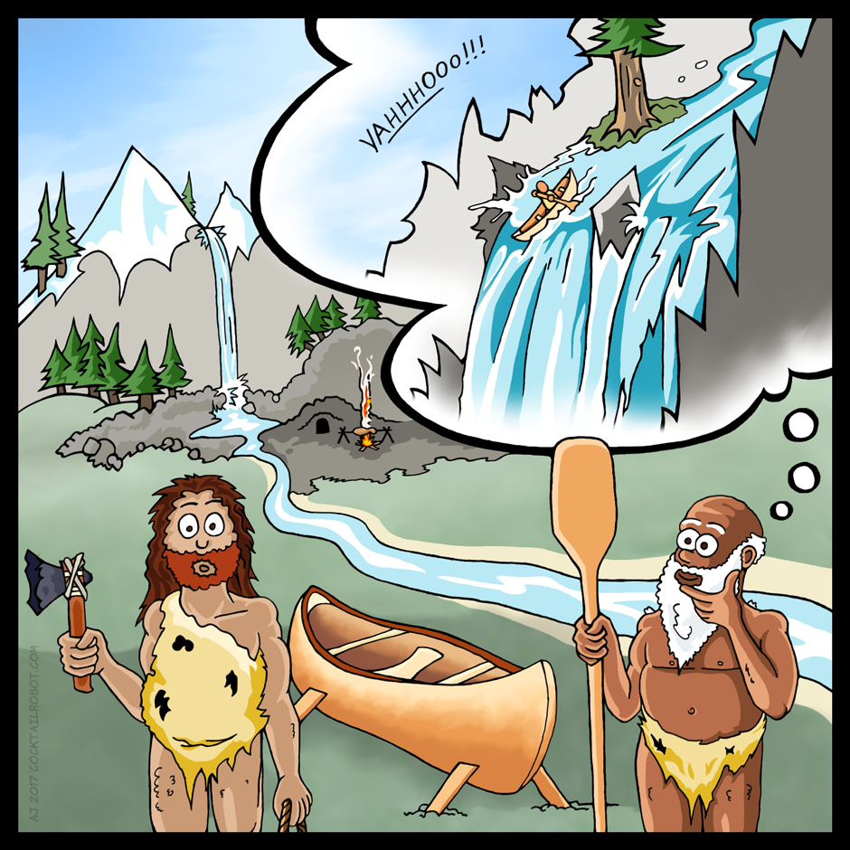 Comic depicting the origin of extreme sports where the origin thrill seekers take their canoe over a waterfall.