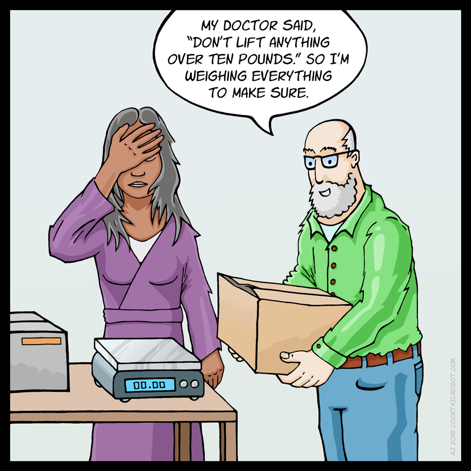 Comic panel of an elderly man weighing boxes to see if they are heavier than his docker told him he should lift.