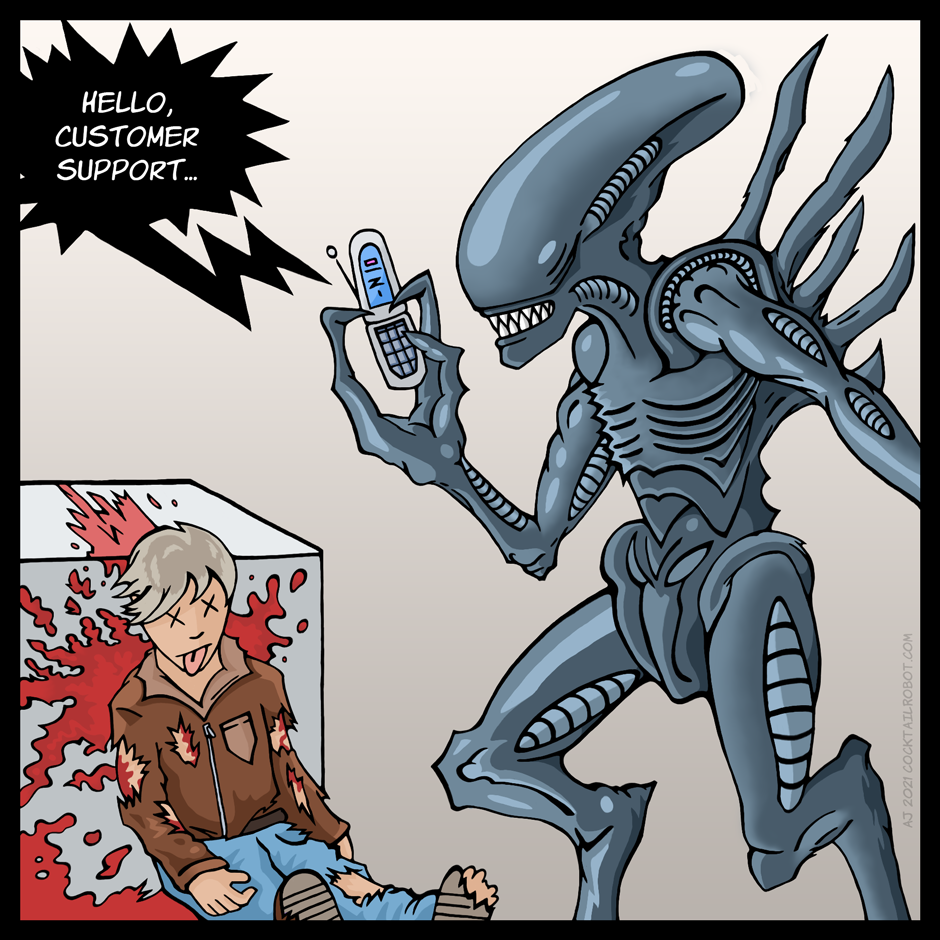 Comic of a xenomorph (from the movie Aliens) calling tech support for help with their broken human.