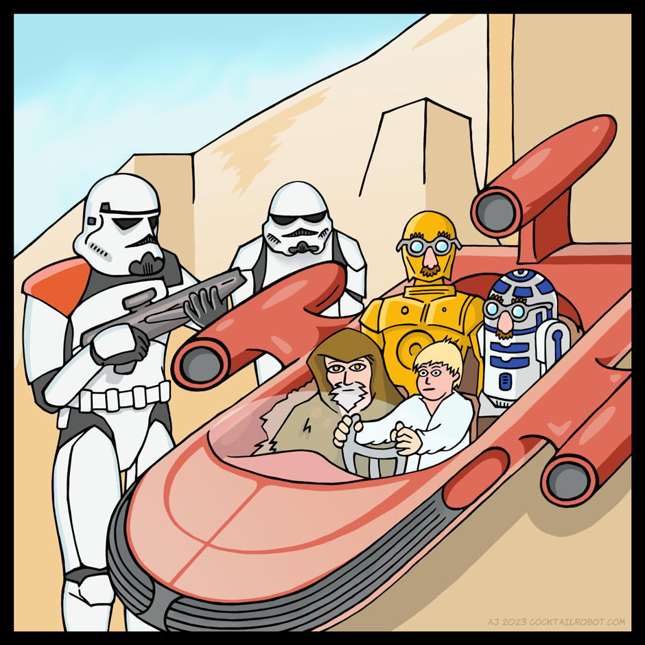 Star Wars parody comic of Luke and Obi Wan smuggling R2D2 and C3PO by storm troopers using groucho glasses for disguises