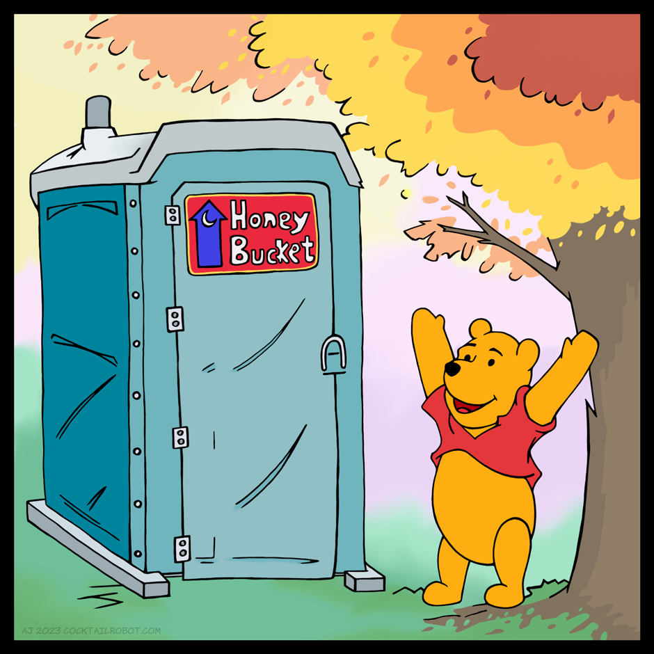 Comic panel of Winnie The Pooh excited to find a Honey Bucket in the woods.